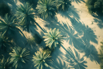 Fototapeta na wymiar Aerial View of Sunlit Palm Trees on Sandy Beach