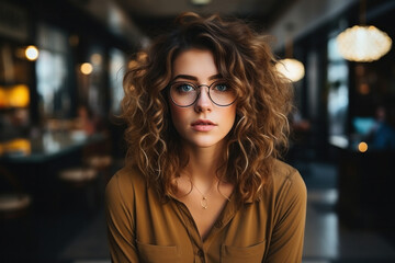 Portrait of serious pensive curly young brunette woman wearing glasses and looking into a camera at cafe shop
