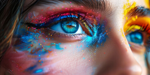 Vision in Colour.
Close-up of a woman's eye artistically enhanced with a spectrum of vibrant colours. - obrazy, fototapety, plakaty