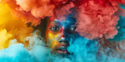 Color Cloud Mystery.
A face emerges from clouds of multicolored smoke, hinting at the enigma of creativity and the human essence.