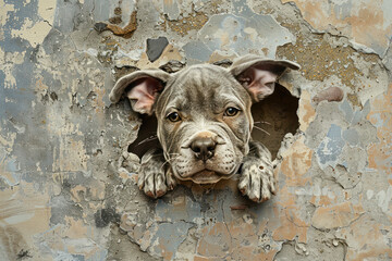 Mural of a Pit-bull Terrier puppy painted on a weathered wall