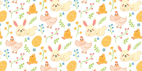 Cute hand drawn Happy Easter seamless pattern with bunny and chicken. Background with flowers, easter eggs, rabbit, hen and leaves. Flat vector illustration.  Spring pattern for banners, posters.