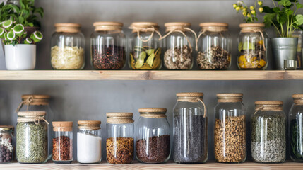 Zero Waste Kitchen Pantry, Sustainable pantry with bulk food in glass jars on wooden shelves