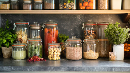 Zero Waste Kitchen Pantry, Sustainable pantry with bulk food in glass jars on wooden shelves