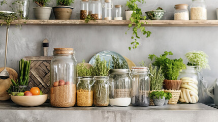 Zero Waste Kitchen Pantry, Sustainable pantry with bulk food in glass jars on wooden shelves