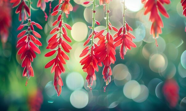 Hanging scarlet campsis flowers on a bokeh background. Nature and flower concept. Macro shot for wallpaper, poster, banner, card