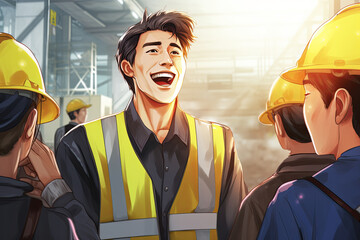 A candid shot of a male engineer laughing with coworkers during a break - obrazy, fototapety, plakaty