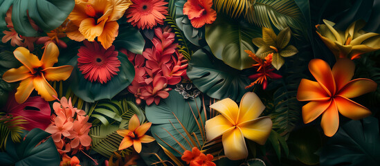 A colorful bouquet of flowers with a tropical theme