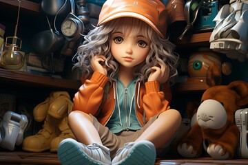 A high angle shot of a doll sitting on a shelf looking down at the viewer anime character style    vivid  tones   cute style - obrazy, fototapety, plakaty