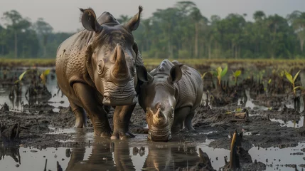 Rolgordijnen Two rhinos standing in a muddy pond © Sunshine