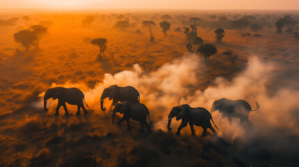 A herd of elephants are walking through a field of tall grass