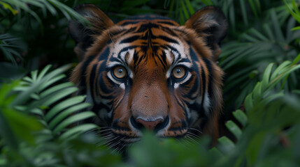 A tiger is looking at the camera in a jungle