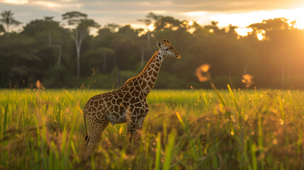 A giraffe stands in a field of tall grass