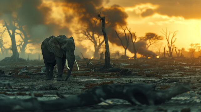A large elephant stands in a field of dead trees and ash