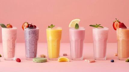 a row of glasses with smoothies of different flavors on a pink background.Healthy eating concept. A range of different colorful and tempting smoothies.