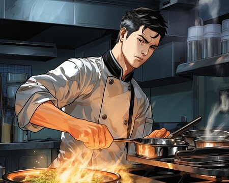 A low angle shot showcasing the intensity and focus of a chef cooking under pressure in a busy kitchen