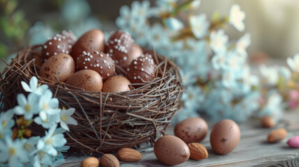 Chocolate eggs and easter almonds on bird nest, chocolate bunny and sweets on white wooden table.