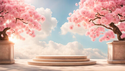A beige stone oval podium decorated with pink sakura branches among airy clouds, soft pastel colors...