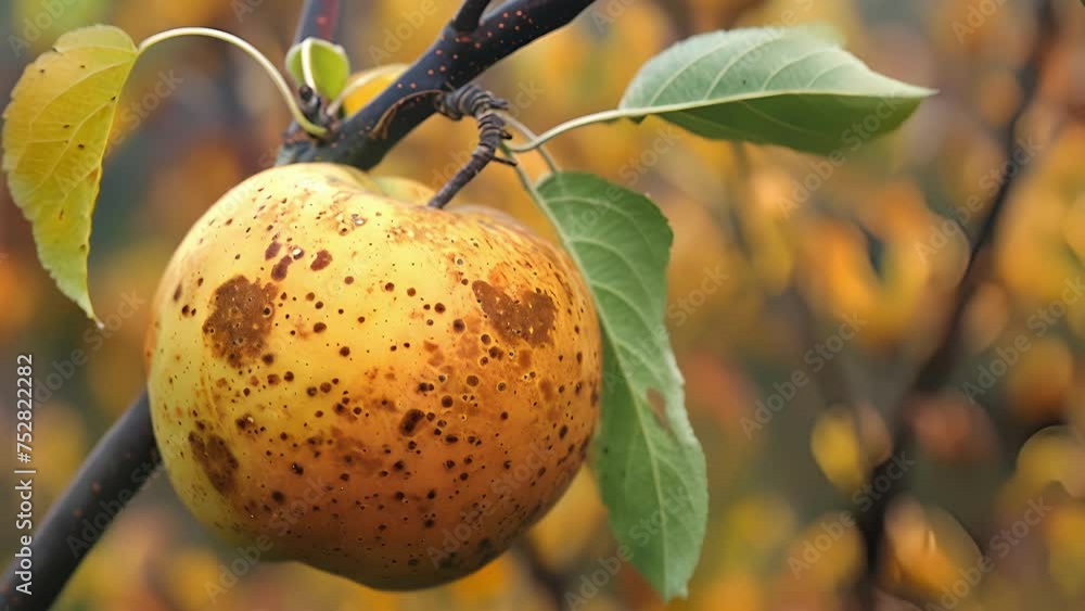 Poster a lone apple hanging from a branch perfectly imperfect with its spots of rustcolored rust spreading 