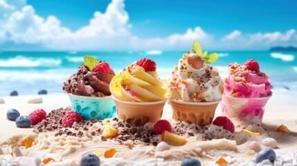 Gourmet ice-cream served in wafer cups in the golden sand on a tropical beach in summer with...