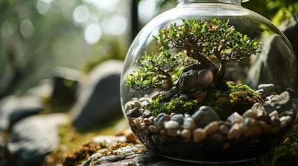 Fotobehang the architectural elegance of a terrarium with miniature bonsai trees and carefully arranged rocks, creating a serene Zen garden in a glass jar © Tina