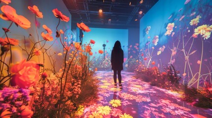 A silhouette of a person wanders through a captivating floral light exhibition, with vivid flowers...