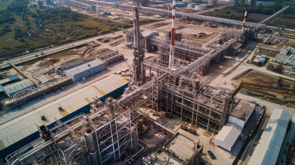 Fototapeta premium Aerial view of a sprawling industrial complex with a maze of pipes and structures.
