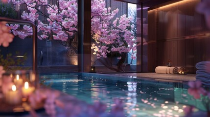 The serene ambiance of an indoor spa pool, complemented by the soft glow of candles and a stunning view of cherry blossoms through floor-to-ceiling windows.