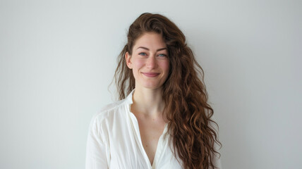 Fototapeta premium Portrait of a young woman with a subtle smile and wavy hair against a clean white backdrop.