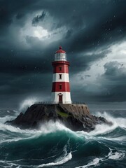 Raging storm waves red lighthouse guides through tempestuous waters. Generated AI.