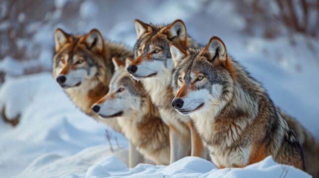the camaraderie of a pack of arctic wolves against a backdrop of snow-covered tundra, showcasing their social dynamics in the frozen wilderness
