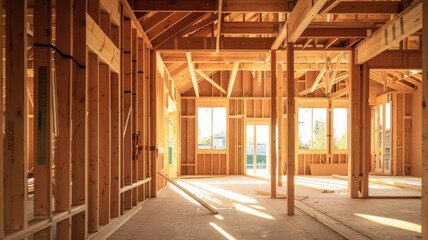 Sunlit new home construction showcasing the wooden framework of modern architecture.