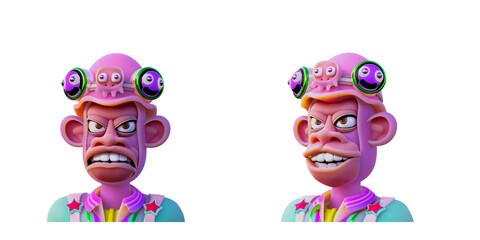 3D RENDERING ILLUSTRATION. colorful apes monkey face cartoon art character. animal monster profile avatar picture on isolated white background.