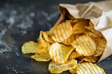 Crispy ridged potato chips spilling from a paper bag onto a dark, textured surface, scattered with a sprinkling of salt.
