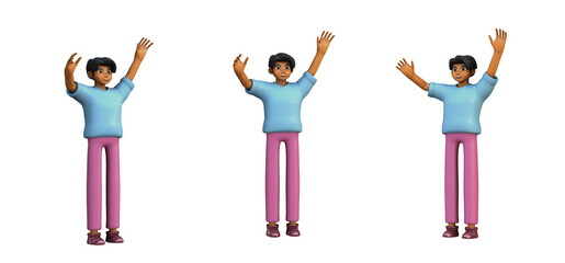 3D ILLUSTRATION RENDERING. OBJECT ELEMENT FOR GRAPHICS PORTRAIT SMILLING MAN CUTE CARTOON CHARACTER YOUNG MALE MODEL STANDING ON ISOLATED WHITE BACKGROUND. MINIMAL HUMAN ACTION.