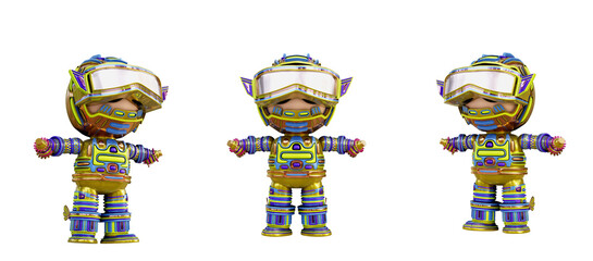 3D RENDERING ILLUSTRATION. DESIGN ABOUT ROBOT ACTION ART TOY CHARACTERS ISOLATED WHITE BACKGROUND.