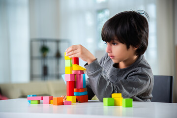 Indian asian boy playing with colourful toy blocks at home.