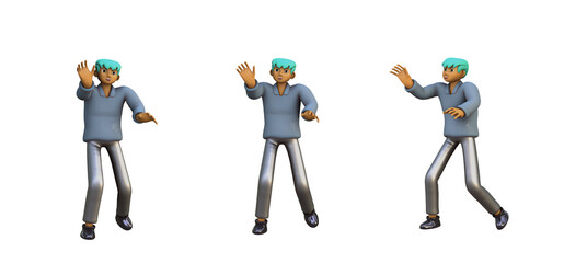 3D ILLUSTRATION RENDERING. OBJECT ELEMENT FOR GRAPHICS PORTRAIT SMILLING MAN CUTE CARTOON CHARACTER YOUNG MALE MODEL STANDING ON ISOLATED WHITE BACKGROUND. MINIMAL HUMAN ACTION.