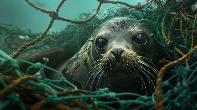 Seal trapped in a tangle of green fishing nets looks pleadingly outward.