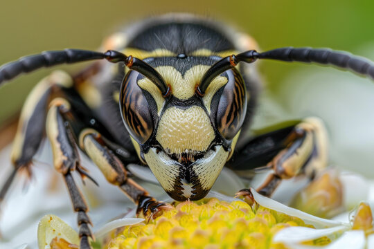 A detailed close-up of a bald-faced hornet showcasing its distinctive markings and formidable appearance.