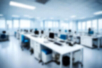 Abstract illustration background. Blurred modern laboratory for pharmacy scientific research. workplace or work space of table work in office with computer.