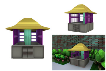 3D RENDERING ILLUSTRATION. Sample idea model booth kiosk perspective design. Small business street food drink shop stall market or Product exhibition fair counter concept isolated white background.