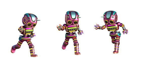 3D RENDERING ILLUSTRATION. DESIGN ABOUT ROBOT ACTION ART TOY CHARACTERS ISOLATED WHITE BACKGROUND.