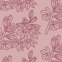 Wallpaper with pink flowers and leaf vector illustration. Floral seamless pattern on isolated background. Vintage print sign concept.