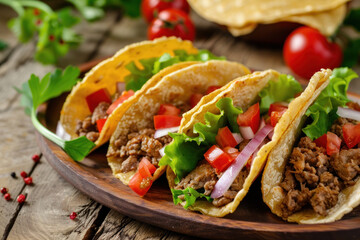 Tacos with seasoned beef and fresh vegetables.