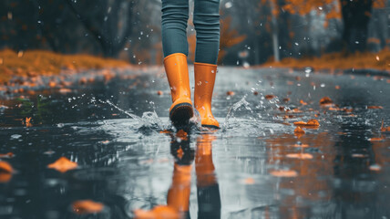 Autumn rain adventure, child-sized boots splash in a puddle lined with fallen leaves.