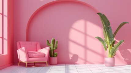 An armchair with a cactus placed against a pink curved wall in a minimalistic room, creating a stylish and modern ambiance.