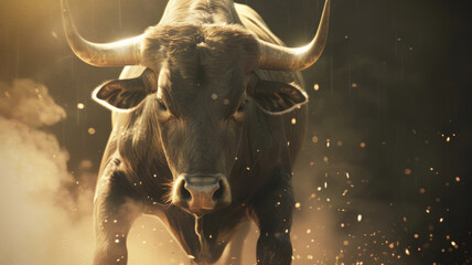 Majestic bull encapsulated in a dramatic scene with sparks, symbolizing raw power and energy. - obrazy, fototapety, plakaty