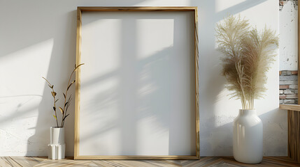 close up blank wooden frame, modern interior, natural light,