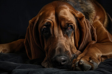 Portrait of a handsome brown and black Bloodhound with its face on the floor. - obrazy, fototapety, plakaty